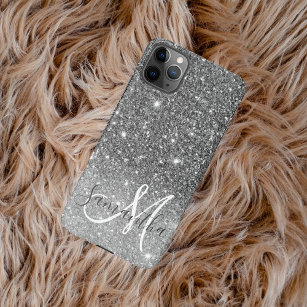 Modern Grey Glitter Sparkles Personalised Name iPhone 12 Mini Case