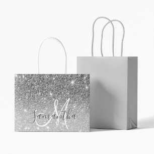 Modern Grey Glitter Sparkles Personalised Name Large Gift Bag