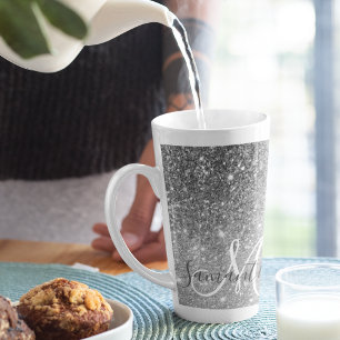 Modern Grey Glitter Sparkles Personalised Name Latte Mug