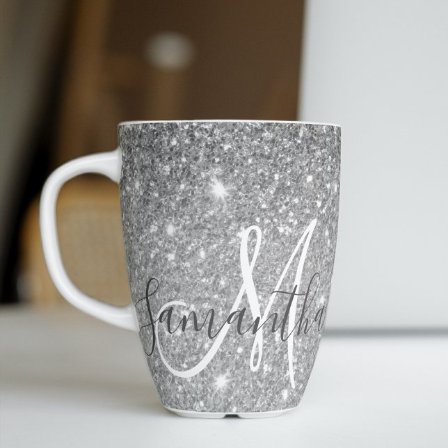 Modern Grey Glitter Sparkles Personalised Name Latte Mug (Creator Uploaded)