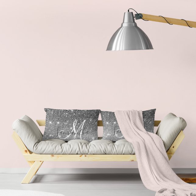 Modern Grey Glitter Sparkles Personalised Name Lumbar Cushion (Creator Uploaded)