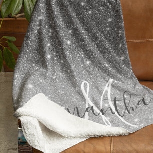 Modern Grey Glitter Sparkles Personalised Name Sherpa Blanket
