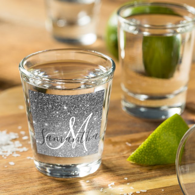 Modern Grey Glitter Sparkles Personalised Name Shot Glass (Creator Uploaded)