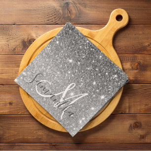 Modern Grey Glitter Sparkles Personalised Name Tea Towel