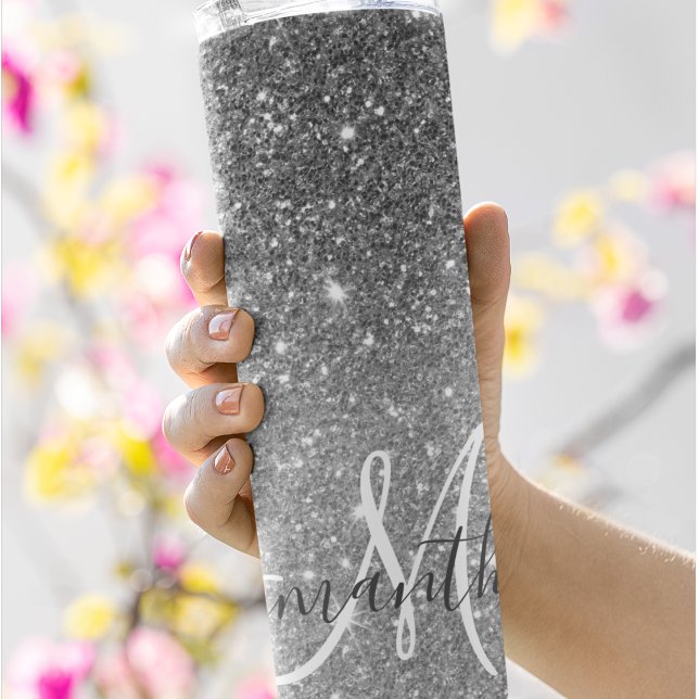 Modern Grey Glitter Sparkles Personalised Name Thermal Tumbler (Creator Uploaded)