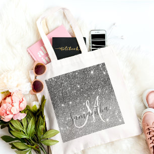 Modern Grey Glitter Sparkles Personalised Name Tote Bag