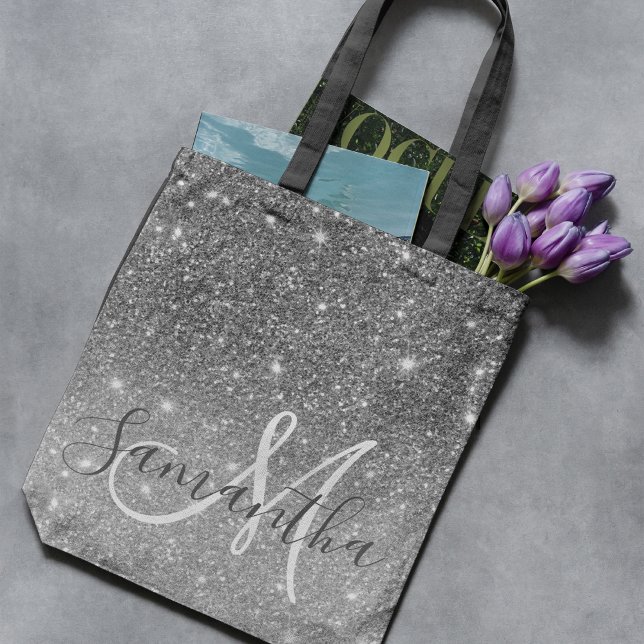 Modern Grey Glitter Sparkles Personalised Name Tote Bag (Creator Uploaded)