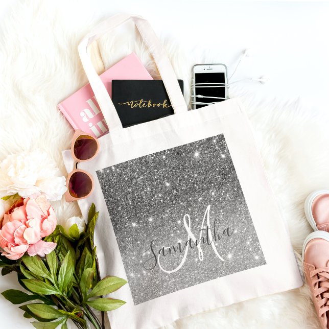 Modern Grey Glitter Sparkles Personalised Name Tote Bag (Creator Uploaded)