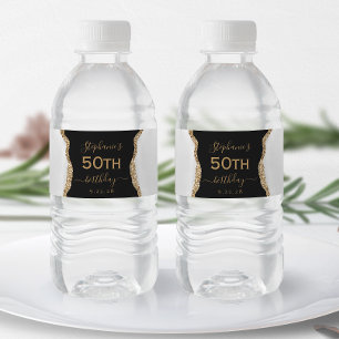 Modern Grey Gold Agate Dark 50th Birthday Water Bottle Label