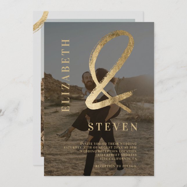 Modern grey gold ampersand names 2 photo wedding invitation (Front/Back)