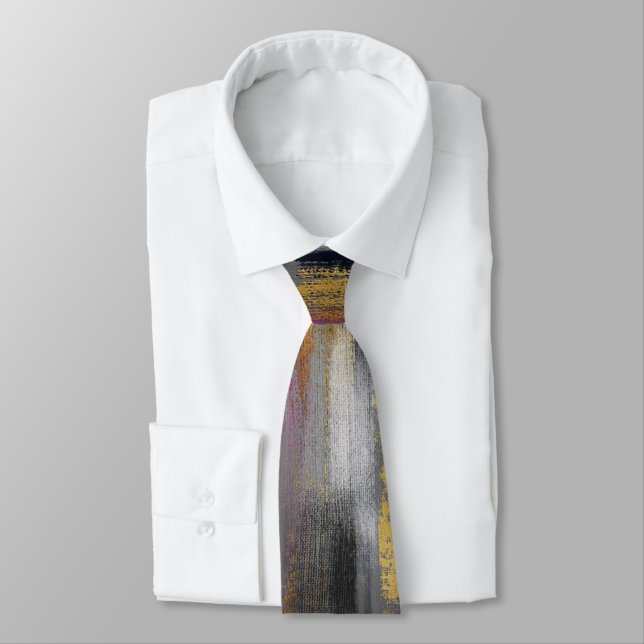 Modern Grey Gold Brushstrokes Abstract Painting Tie (Tied)
