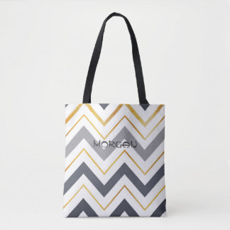 Modern Grey & Gold Chevron Personalised Tote Bag ✨