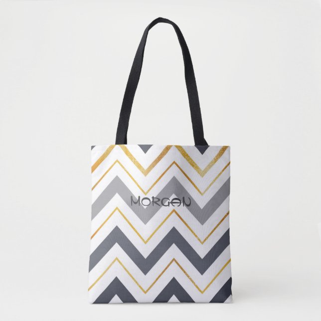 Modern Grey & Gold Chevron Personalised Tote Bag ✨ (Front)