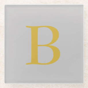 Modern Grey Gold Colour Monogram Add Name Initial Glass Coaster
