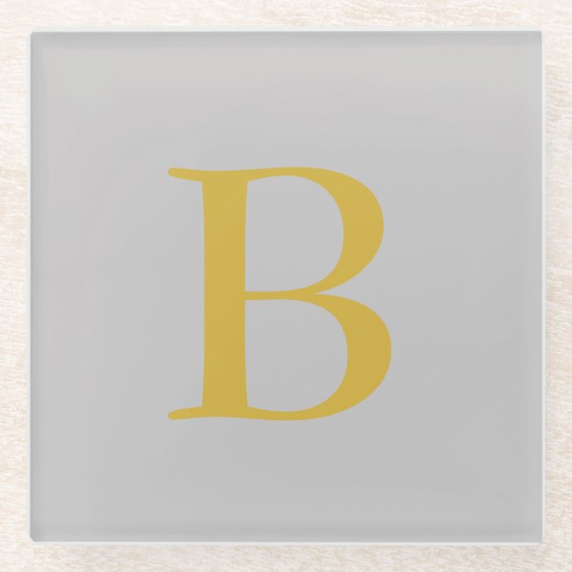 Modern Grey Gold Colour Monogram Add Name Initial Glass Coaster (Front)