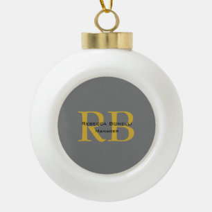 Modern Grey Gold Colour Monogram Add Name Initials Ceramic Ball Christmas Ornament