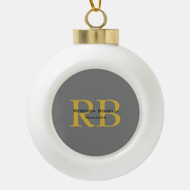 Modern Grey Gold Colour Monogram Add Name Initials Ceramic Ball Christmas Ornament (Front)