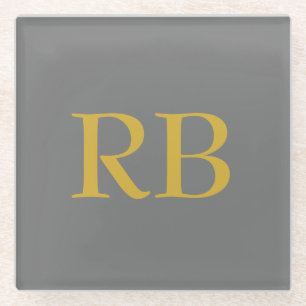Modern Grey Gold Colour Monogram Initials Glass Coaster
