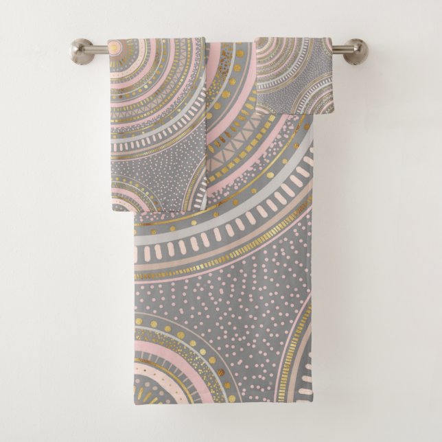 Modern Grey Gold Geometric Mandala Bath Towel Set (Insitu)