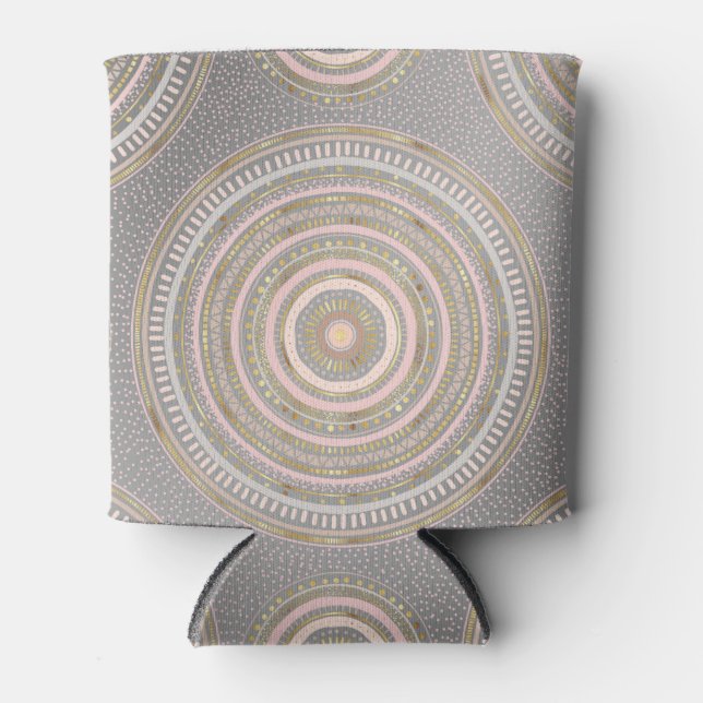 Modern Grey Gold Geometric Mandala Can Cooler (Front)