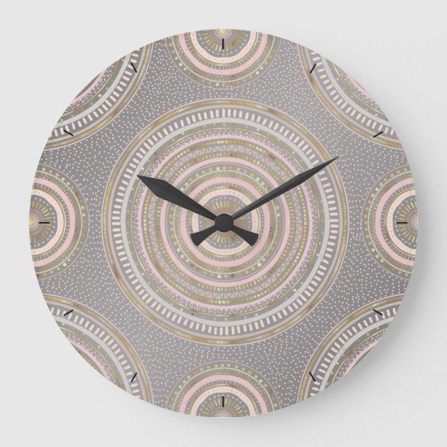 Modern Grey Gold Geometric Mandala Large Clock (Front)