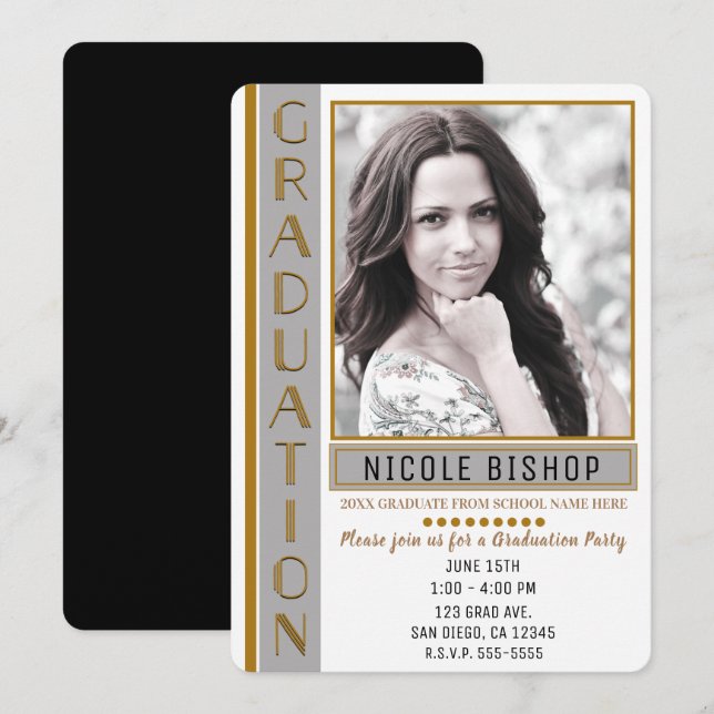 Modern Grey Gold Graduation Party Graduate Photo Invitation (Front/Back)