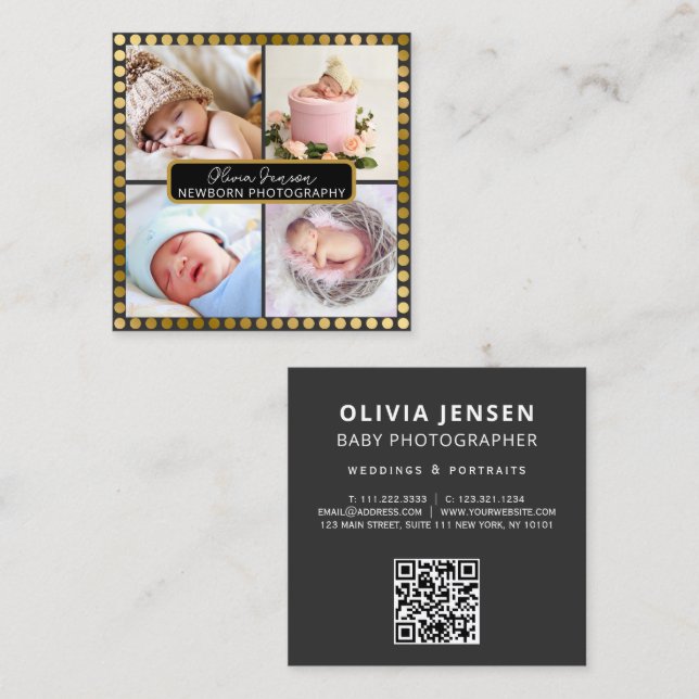 Modern Grey Gold Photo Collage Photographer QR  Square Business Card (Front/Back)