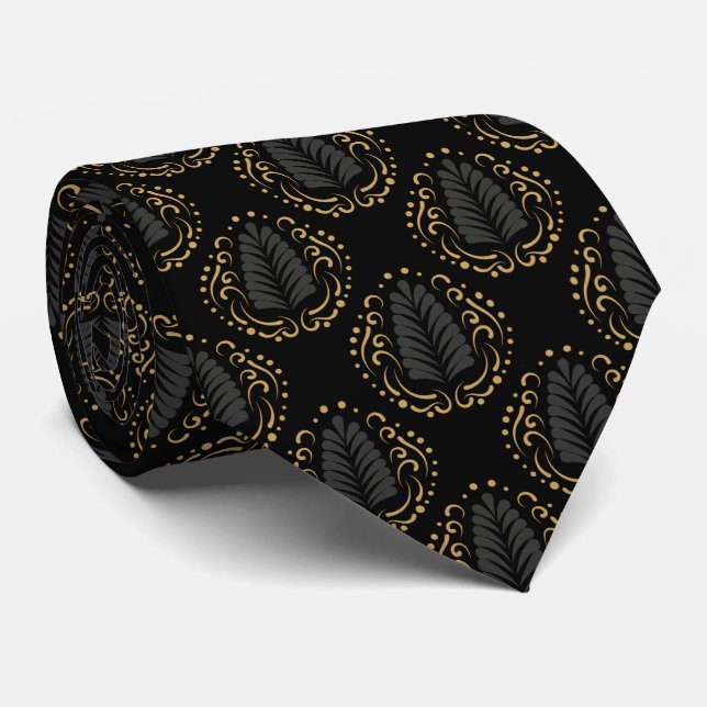 Modern Grey & Gold Stylised Damasks Tie (Rolled)
