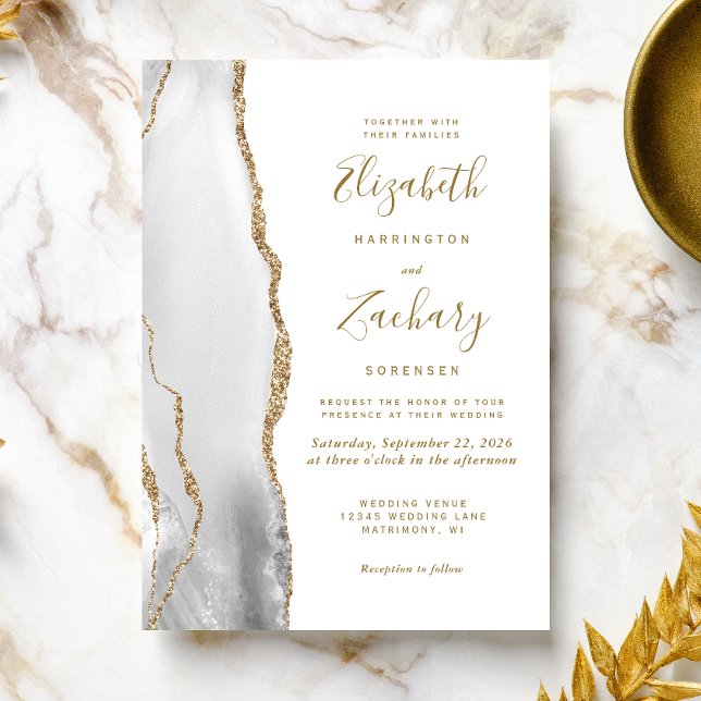 Modern Grey Gold White Agate Wedding Invitation (Creator Uploaded)