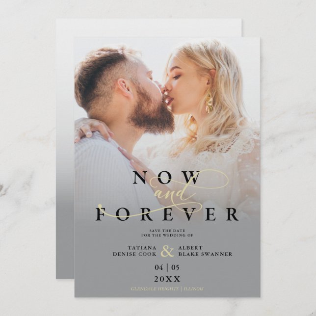 Modern Grey Gradient Elegant Photo Script Wedding Save The Date (Front/Back)