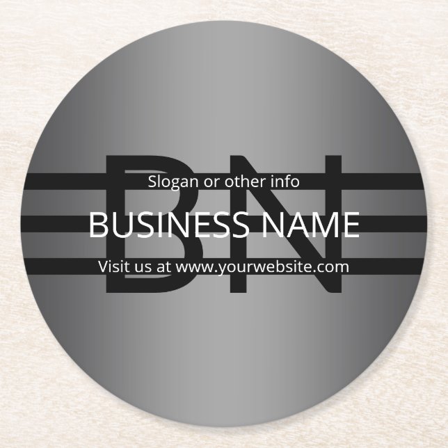 Modern Grey Gradient & Horizontal Black Stripes Round Paper Coaster (Front)