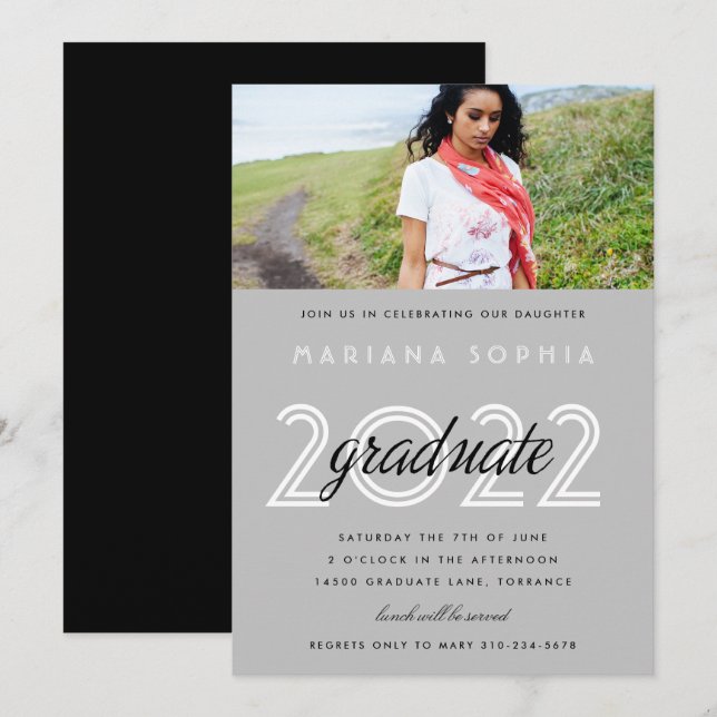 Modern Grey Graduation Photo Invitation (Front/Back)