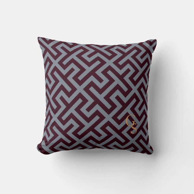 Modern grey greek key geometric patterns monogram cushion (Front)
