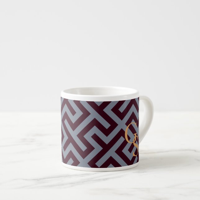 Modern grey greek key geometric patterns monogram espresso cup (Front Right)