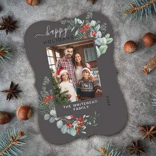 Modern Grey Greenery Botanical Christmas Photo Holiday Card