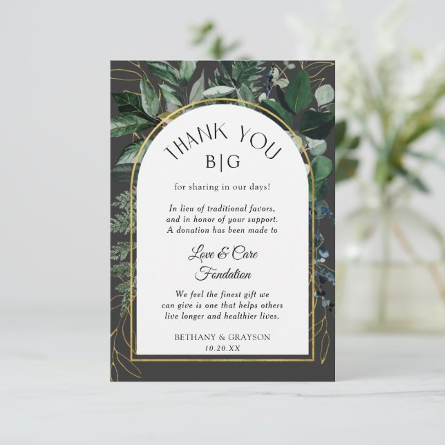 Modern Grey Greenery Wedding favour donation cards (Standing Front)