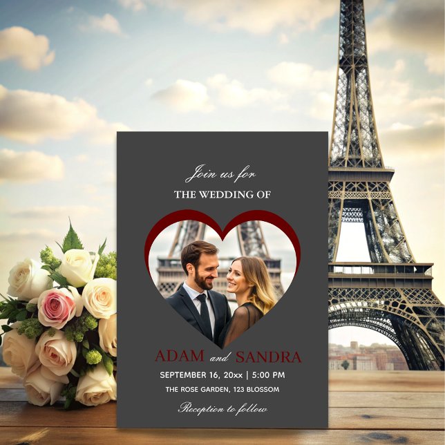 Modern Grey Heart Photo Elegant Script Wedding Invitation (Creator Uploaded)