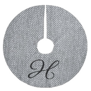 Modern Grey Herringbone & Black Family Monogram Brushed Polyester Tree Skirt