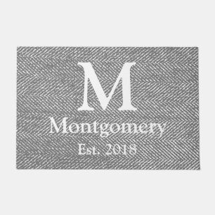 Modern Grey Herringbone & White Family Monogram Doormat