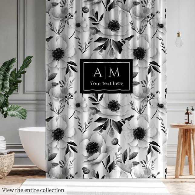 Modern grey hues floral curtain with custom name (Modern grey hues floral curtain with custom name)