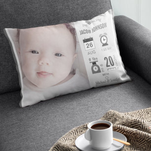 Modern Grey Infographic Baby Photo Birth Stats Decorative Cushion
