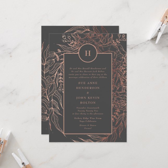 Modern Grey Iron Ore Rose Gold Monogram Wreath Invitation (Front/Back In Situ)