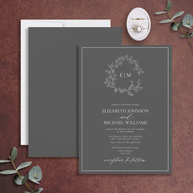 Modern Grey Leafy Crest Monogram Wedding Invitation (Creator Uploaded)