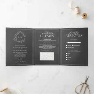 Modern Grey Leafy Crest Monogram Wedding Tri-Fold Invitation
