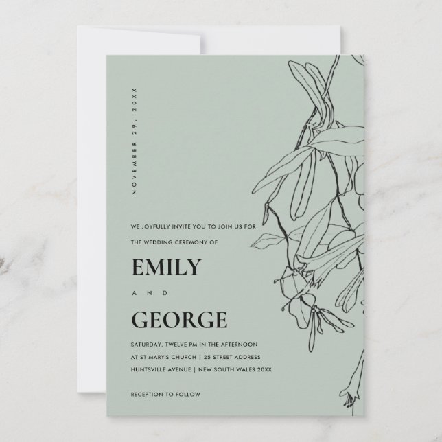 MODERN GREY LINE DRAWING FLORAL WEDDING INVITE (Front)