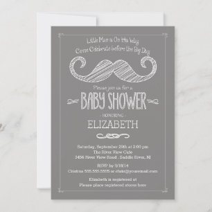 Modern Grey Little Man Moustache Baby Shower Invitation