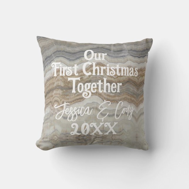 Modern grey marble Our First Christmas Together Cushion (Front)