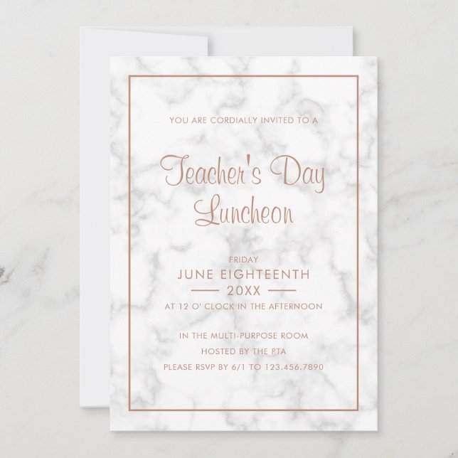 Modern Grey Marble Rose Gold Teacher's Day Invitation (Front)