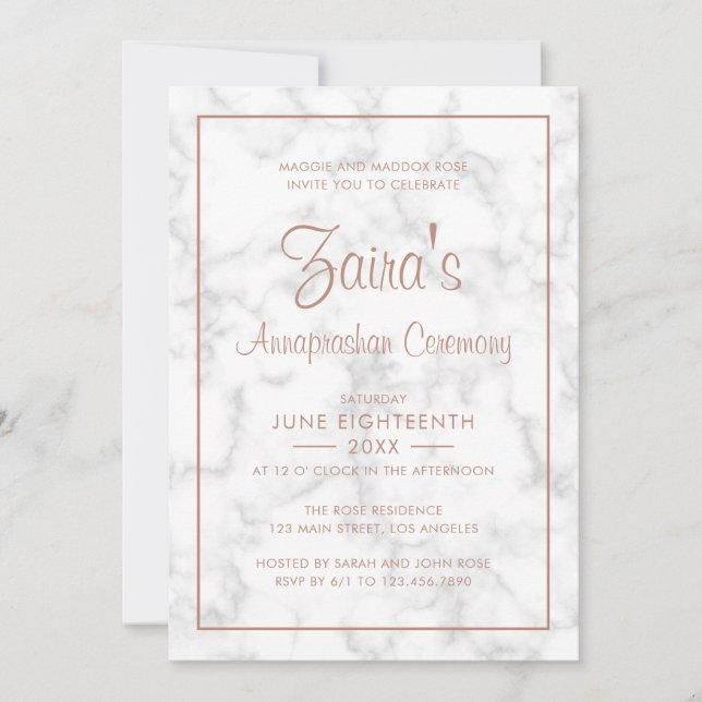 Modern Grey Marble with Rose Gold Annaprashan Invitation (Front)
