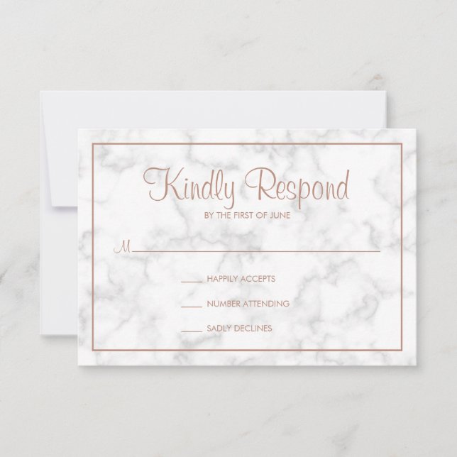 Modern Grey Marble with Rose Gold Script Wedding RSVP Card (Front)